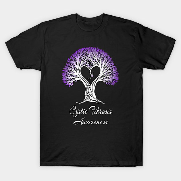 Cystic Fibrosis Awareness Purple Ribbon Tree With Heart T-Shirt by MerchAndrey